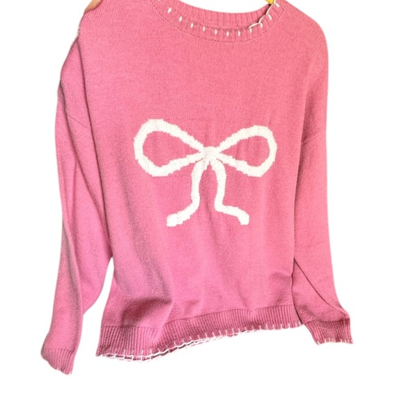 Yozy XXl pink drop shoulder sweater with large white bow. Non itchy & thick,Nwt. - Picture 2 of 16